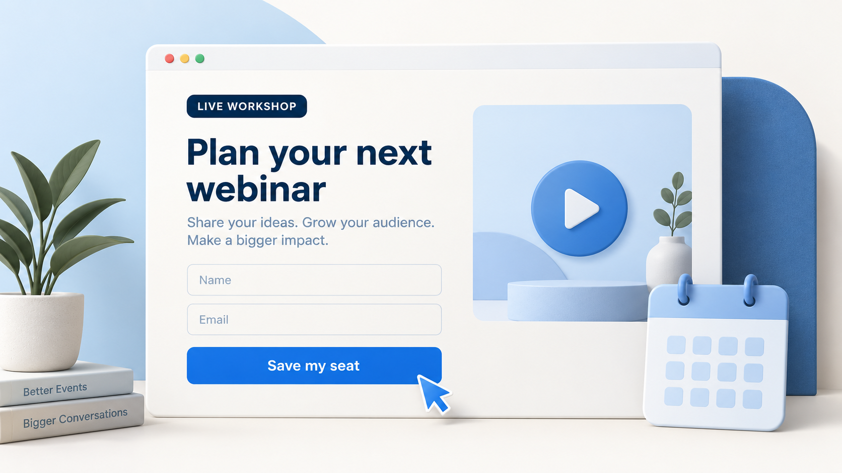 Illustrated webinar registration page with a clear headline, name and email fields, and a Save my seat button.